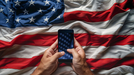 Hands with mobile phone with an US flag on the background