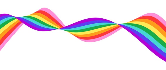 Rainbow wavy flowing ribbon design element. LGBTQ Pride month flag. Rainbow colored wave background template shape for banner, poster, flyer, brochure, booklet, cover. Vector backdrop