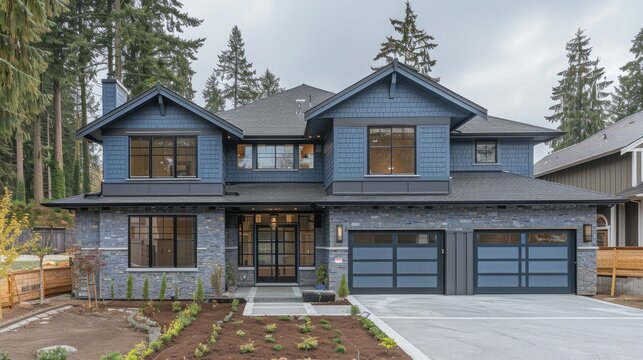 Luxurious new construction home Modern style home with parking for 2 cars, surrounded by blue walls and natural stone walls.