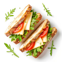 Tasty sandwich with cheese on white background, top view