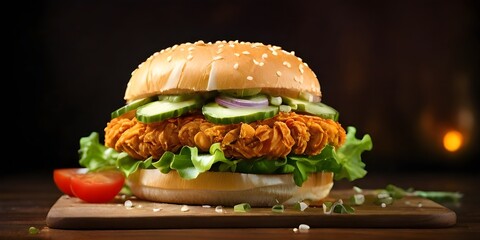 crispy fried chicken zinger burger with lettuce and tomato, fresh chicken burger sandwich fast food commercial advertisement banner with copy space area, zinger cheese burger on a wooden tabletop