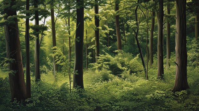 Forest, mysticism, greenery, moss, grass, tropics, wilderness, thicket, paranormal, another world, realistic style, green tones, foliage. Forest and nature beauty concept. Generative by AI