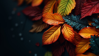 Colorful autumn leaf on a dark background, closeup, high resolution, professional photograph in the style of Super Resolution