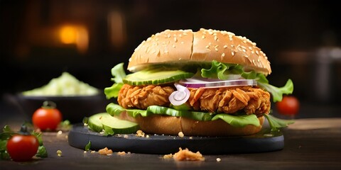 crispy fried chicken zinger burger with lettuce and tomato, fresh chicken burger sandwich fast food commercial advertisement banner with copy space area, zinger cheese burger on a wooden tabletop - obrazy, fototapety, plakaty