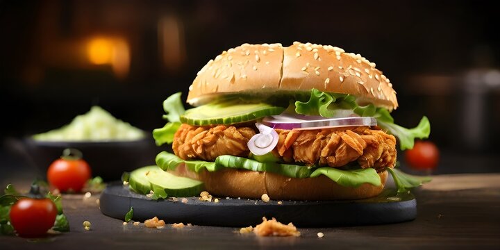 crispy fried chicken zinger burger with lettuce and tomato, fresh chicken burger sandwich fast food commercial advertisement banner with copy space area, zinger cheese burger on a wooden tabletop