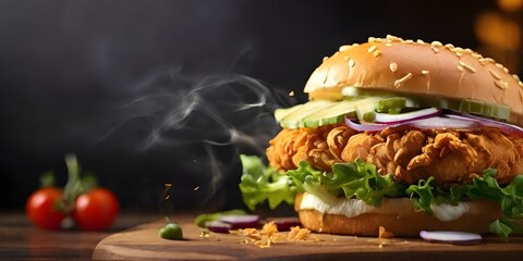 crispy fried chicken zinger burger with lettuce and tomato, fresh chicken burger sandwich fast food...