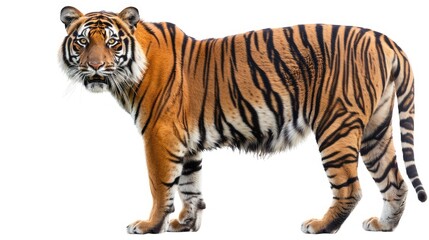 Obraz premium Tiger staring at its prey, white background included.