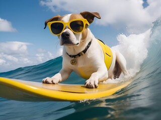 a dog whit yellow sunglasses surfing on the ocean daytime - generative AI. - 763360532
