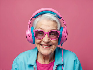 happy face of old woman 90s with pink trendy sunglasses and headphone hearing music. pink flat background - Generative AI. - 763360546