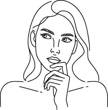 recommend clip art: Portrait of a woman thinking expression line art illustration