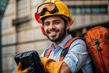 working man with safety vest and hard hat and security glasses - obrazy, fototapety, plakaty
