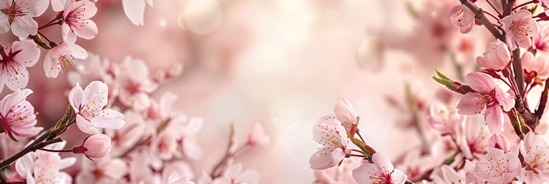 Bl&uuml;hende Kirschbl&uuml;ten Zweige als Rahmen mit Bokeh Hintergrund und Textfreiraum