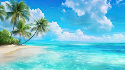 Fototapeta na wymiar Tropical paradise, beach with palm trees and azure sea. An idyll against the backdrop of turquoise water, light, slightly cloudy sky, dream vacation, resort. Paradise island concept. Generative by AI