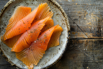 Top view of smoked salmon slices on a rustic plate, ideal for food blogs and culinary events.