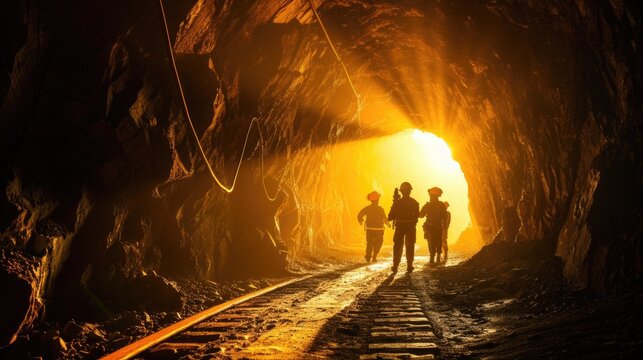 Silhouettes of miners in a radiant sunlit underground cave
