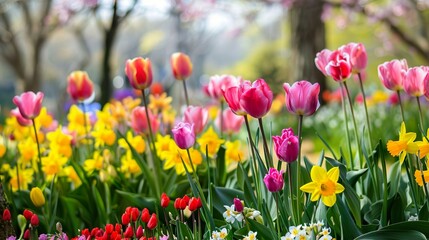 Fototapeta premium Flowers and tulips in spring, a sunny day in spring at Easter