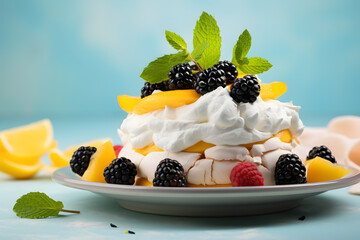Photo of mini meringue pavlovas with blueberry, peach  on pastel background, in a closeup view