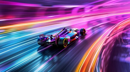 Obraz premium Picture a race car speeding along a rainbow road its sleek form leaving trails of vibrant colors in its wake