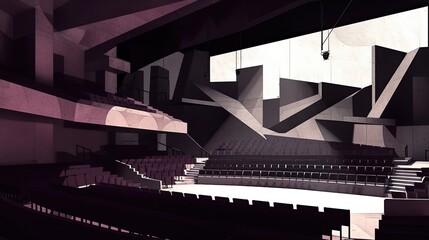 An abstract image of a stage for musical performances, chairs, philharmonic. Drawn style, theater. Empty concert hall, culture, art, performance. Generative by AI