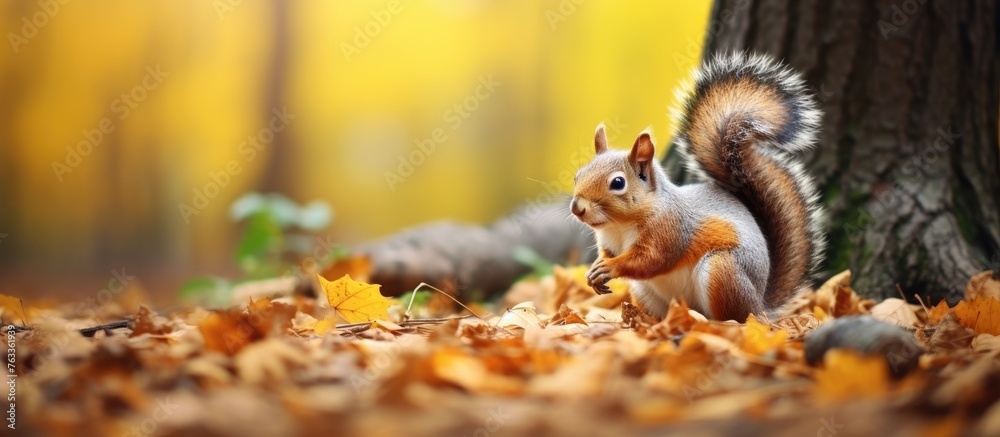 Poster a squirrel in leaves by a tree