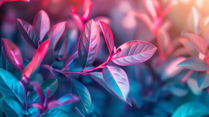 Close up of pink and blue gradient leaves in a tropical garden on vibrant colored background. Macro photography of plant with blurred edges banner.