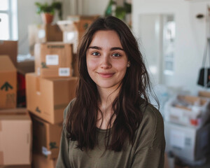 young brunette woman in her new condo or apartment with unpacked boxes generated by ai