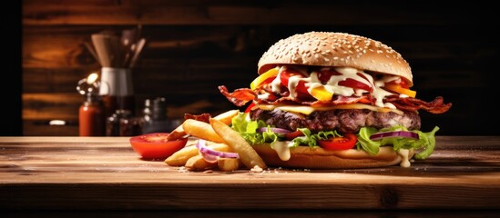 A tempting burger meal with fries and tomatoes on a wooden surface