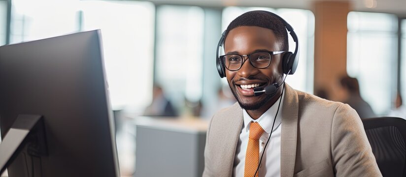 Smiling professional in headset and suit by computer, African American operator at office workstation