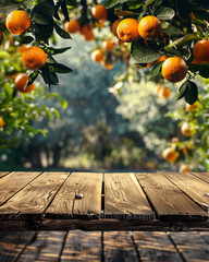Empty wooden kitchen table over orange fruit garden background