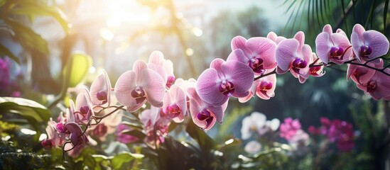 Sun shining through lush garden with vibrant purple orchids