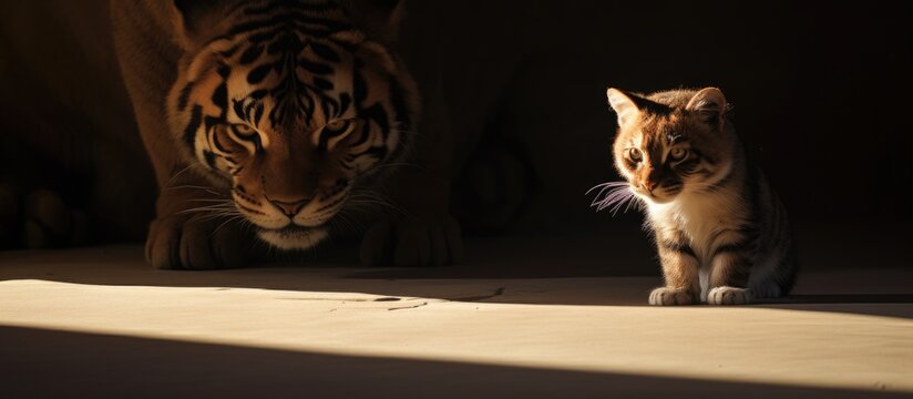 Cat walking alongside tiger