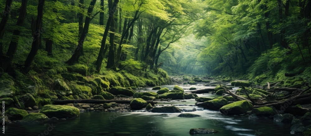 Poster a serene river flowing through a lush green forest with numerous trees and rocks