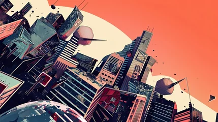 Rolgordijnen Abstract illustration of a landscape of a distorted, irregular city, urban environment with deformed and distorted buildings, destruction, psychedelic, contrast. Apocalypse concept. Generative by AI © Татьяна Лобачова