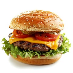 A classic hamburger with cheese, lettuce, tomatoes, and onions on white background