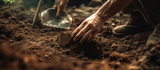 Person using shovel to dig hole in ground - obrazy, fototapety, plakaty