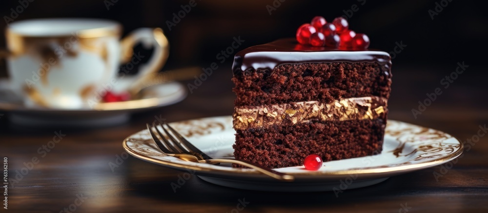Poster a chocolate cake slice on a plate with a fork