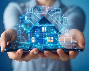 fintech close up of man with hands out holding mobile phone with digital home for mortgage and reat estate concepts generated by ai - Powered by Adobe