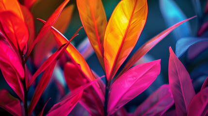 Beautiful exotic plants in a tropical forest with vibrant colors of neon pink and orange leaves. Close up of colorful foliage texture. Nature concept. 