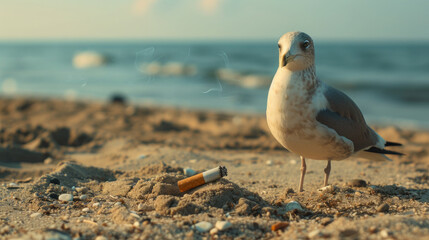 sea ​​bird seagull, marlin stands on the seashore on the beach on a squeak, a cigarette is lying nearby, a smoking cigarette butt, environmental pollution