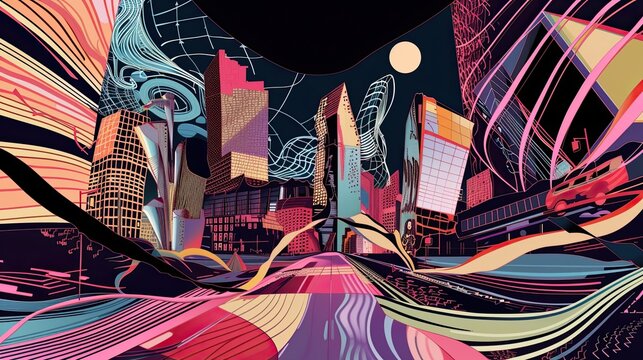 Abstract illustration of a landscape of a distorted, irregular city, urban environment with deformed and distorted buildings, psychedelic. Apocalypse concept. Generative by AI