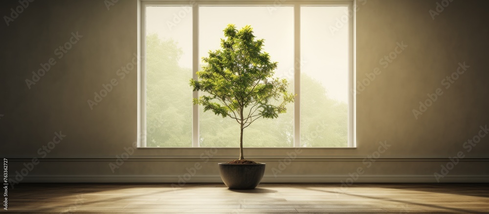 Poster a thriving plant by a window and a single tree in an indoor setting