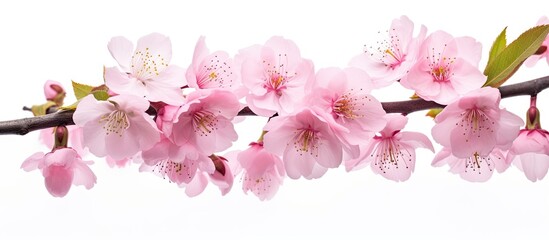 Pink cherry blossom branch on white background