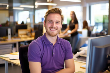 smiling redhead ma at work desk wearing purple polo collar shirt in office	