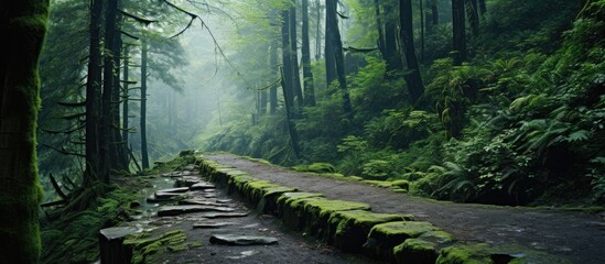 A stone pathway covered with moss in a forest - obrazy, fototapety, plakaty