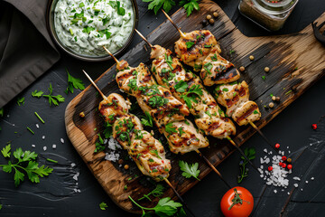 Top View Grilled Chicken Skewers Meal. Top view of grilled chicken skewers with herbs and creamy...