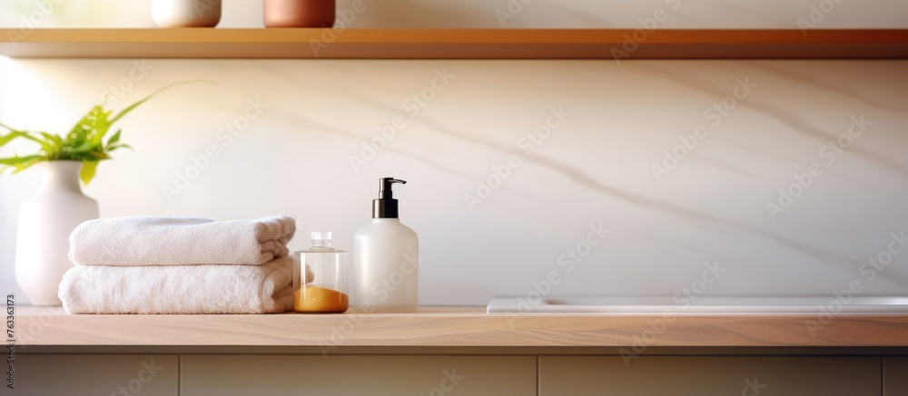Poster towels and soaps on shelf in bathroom