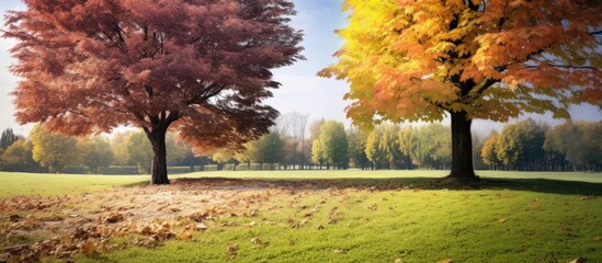 Two trees with fallen leaves in a field