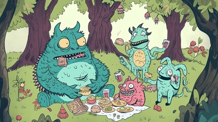 Obraz premium An abstract image of a group of monsters having a picnic in the forest. Unusual creatures, different shapes, sizes, smiling, laughing, relaxing. Hills, trees, flowers, cartoon style. Generative by AI