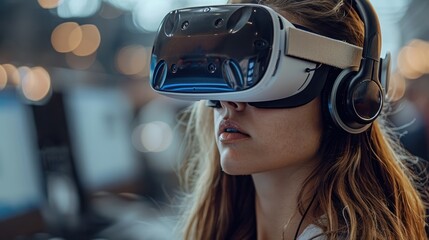 Captivating image of a blonde woman fully engaged in an advanced VR game, with headset and headphones