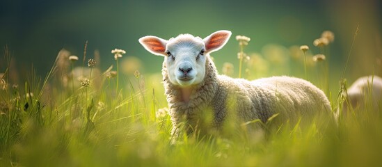 A sheep grazing in a lush green pasture